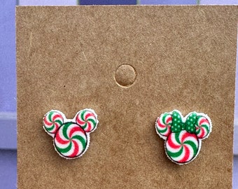 Mickey and Minnie Mouse Green White Red Peppermint Head Earrings/Christmas Earrings/Disney Trip/Stud Earrings/Stainless Steel/