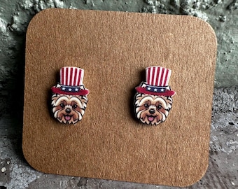 Yorkie Patriotic Hat Stud Earrings: Dog Lover Gift 4th of July 250 America