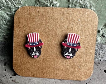 Boston Terrier Patriotic Hat Stud Earrings: Dog Lover Gift 4th of July 250 America