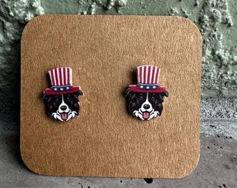 Border Collie Patriotic Hat Stud Earrings: Dog Lover Gift 4th of July 250 America