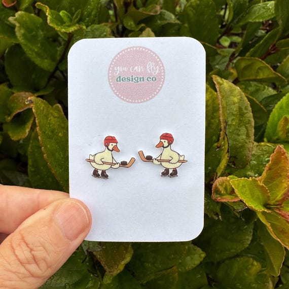 Silly Goose Hockey Player Earrings: Lightweight Acrylic, Stainless Steel