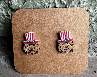 Golden Doodle Patriotic Hat Stud Earrings: Dog Lover Gift 4th of July 250 America
