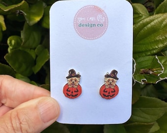 Yorkie Jack o Lantern Halloween Stud Earrings: Stainless Steel Dog Jewelry