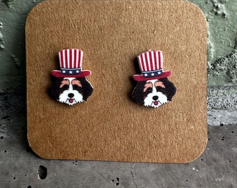 Bernedoodle Patriotic Hat Stud Earrings: Dog Lover Gift