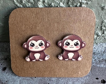 Kawaii Monkey Earrings: Lightweight Acrylic, Stainless Steel Studs