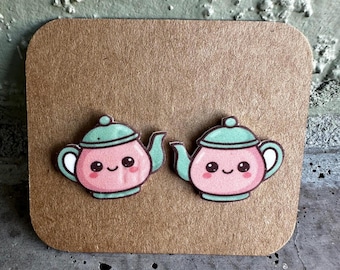 Kawaii Teapot Earrings: Lightweight Acrylic, Stainless Steel Studs