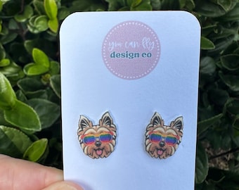 Yorkie Stud Earrings: Sunglasses Dog, Stainless Steel Backs