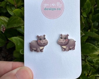 Kawaii Hippo Hippopotamus Earrings: Lightweight Acrylic, Stainless Steel Studs