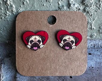 Pug Heart Earrings Stainless Steel Studs Valentine's Day Love