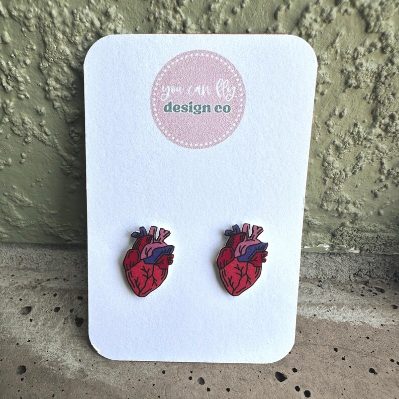 Anatomical Heart Stud Earrings: Lightweight Acrylic Nurse Jewelry image 4