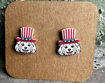 Maltese Patriotic Hat Stud Earrings: Dog Lover Gift 4th of July 250 America