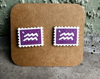 Zodiac Stud Earrings, Aquarius, Astrology Sign Jewelry, Horoscope Gift, Birthday Gift
