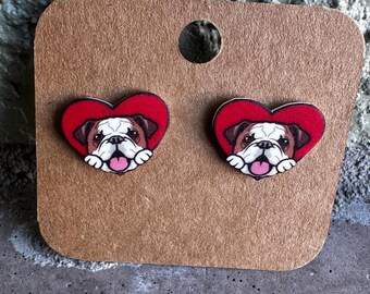 English Bulldog Heart Earrings Stainless Steel Studs Valentine's Day Love