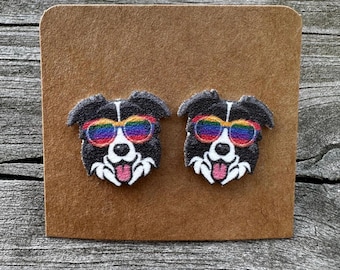 Border Collie Earrings: Acrylic Dog Studs with Sunglasses