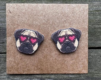 Pug Earrings: Heart Sunglasses, Stainless Steel Studs