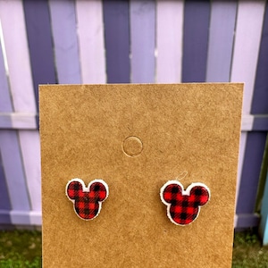 Mickey Mouse Red Black Plaid Head Earrings/Christmas Earrings/Disney Trip/Stud Earrings/Stainless Steel/