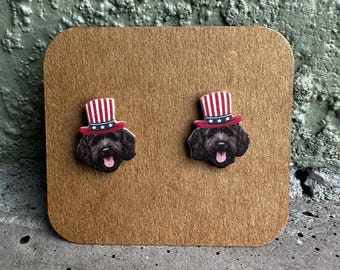 Black Doodle Goldendoodle Patriotic Hat Stud Earrings: Dog Lover Gift USA Summer