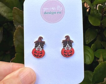 Border Collie Jack o Lantern Halloween Earrings: Lightweight Acrylic Dog Jewelry