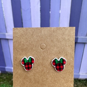 Minnie Mouse Red Black Plaid Head Earrings/Christmas Earrings/Disney Trip/Stud Earrings/Stainless Steel/