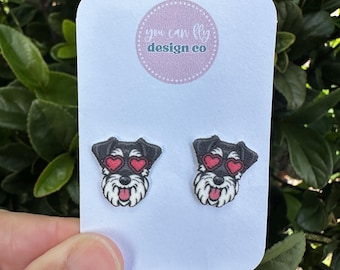 Miniature Schnauzer Earrings: Acrylic Dog Studs with Heart Sunglasses