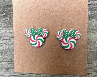 Minnie Mouse Green White Red Peppermint Head Earrings/Disney Earrings/Christmas Earrings/Disney Trip/Stud Earrings/Stainless Steel/