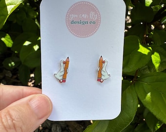 Silly Teacher Goose Stud Earrings: Lightweight Acrylic, Stainless Steel, Goose Hugging Pencil