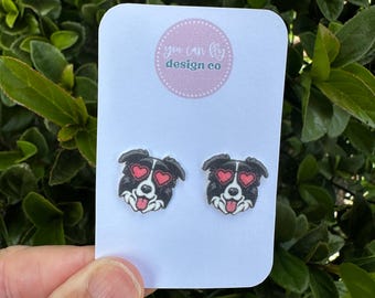 Border Collie Heart Sunglasses Earrings: Acrylic Dog Studs with Sunglasses