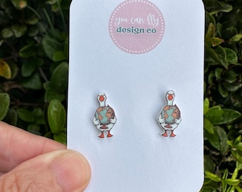 Silly Teacher Goose Stud Earrings: Lightweight Acrylic, Stainless Steel, Goose Holding Globe