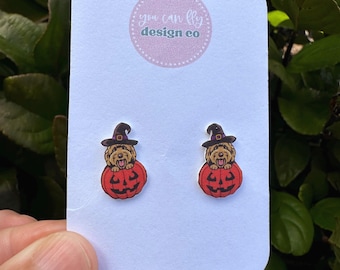 Golden Doodle Jack o Lantern Halloween Stud Earrings: Dog Lover Gift