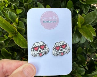 Maltese wearing Heart Sunglasses Dog Stud Earrings: Lightweight Acrylic, Stainless Steel