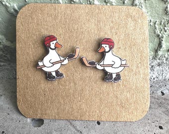 Silly Goose Hockey Player Earrings: Lightweight Acrylic, Stainless Steel