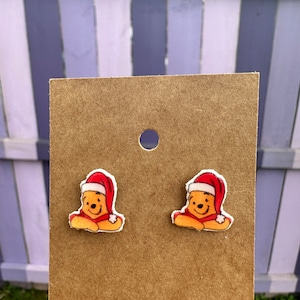 Winnie the Pooh Santa Hat Head Earrings/Disney Earrings/Christmas Earrings/Disney Trip/Stud Earrings/Stainless Steel/