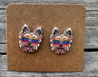 Yorkie Stud Earrings: Sunglasses Dog, Stainless Steel Backs