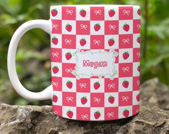 Custom Coquette Strawberry Mug, Summer Mug, Fruit Mug, Strawberry Gifts for Her, Custom Name Mug