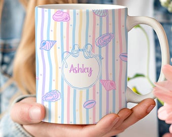 Custom Beach Mug, Watercolor Striped Summer Mug, Seashell Gifts for Mom, Pastel Mug for Her, Personalized Name Mugs
