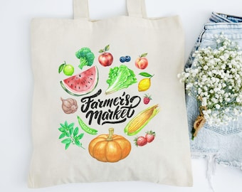 Farmers Market Tote Bag, Vegetable Fruit Aesthetic Tote, Botanical Gardening, Shopping Bag, Gift for Gardener, Summer Garden, Gifts for Her