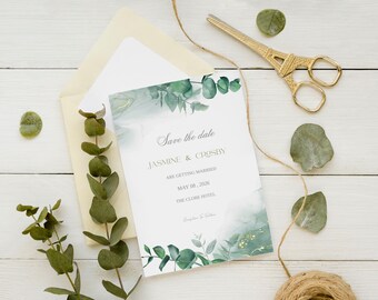 Save the Date Template, Greenery Eucalyptus Marble, Editable Printable Save The Date, Save Our Date, Templett, Instant Download