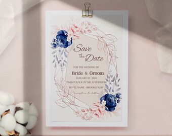 Blush Pink and Blue Navy Save The Date Template, Floral Save the Date Digital Download, Editable, Printable and Diy