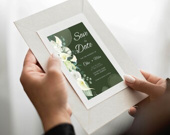 Editable White Cream Floral Save the Date Template, INSTANT DOWNLOAD, Green Theme Save the Date Cards, Printable