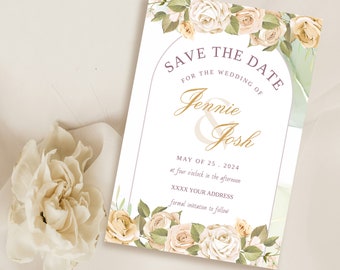 Save the Date Template, cream Pink Floral, Save Our Date Card, Printable, Editable, Templett INSTANT Download