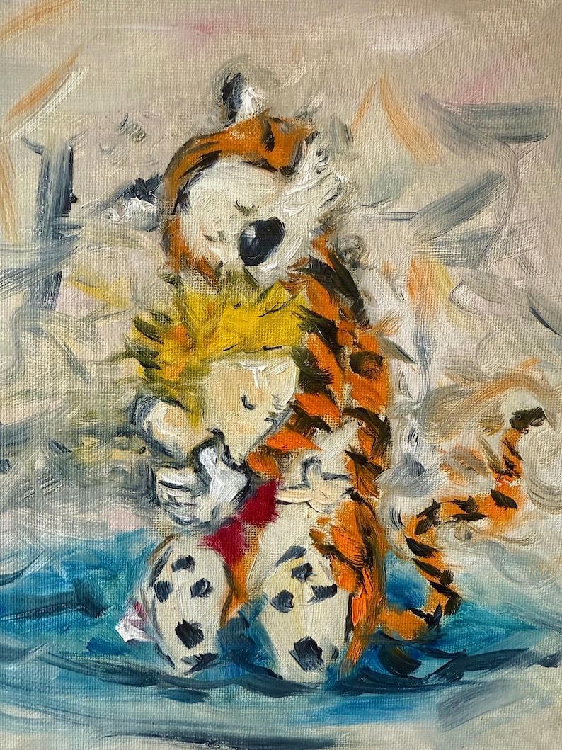 May include: An oil painting depicts a young boy with yellow hair embracing a tiger. The tiger has orange and black stripes. The boy wears a red bow tie. The background is a mix of light blues, whites, and beige.