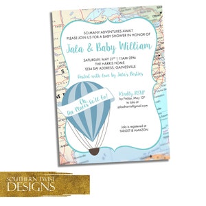 Travel Baby Shower Invitation - Hot Air Balloon Invitation - Oh the Places He'll Go - Baby Shower Invitation Travel - Balloon and Map Baby