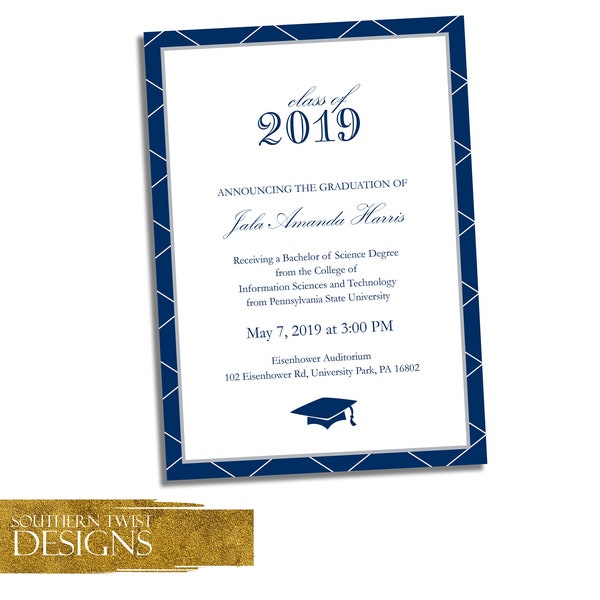 Graduation Invitation and Announcement for High School College or Grade School, Custom Colors Available