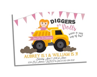 Dump Truck & Doll Birthday Invitation - Sibling Birthday Invite - Construction and Tea Party Invite - Diggers or Dolls - Boy and Girl