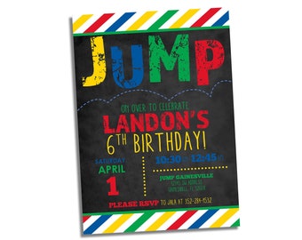 Jump Party Invitation – Bounce House Birthday - Trampoline Birthday Party - Gymnastics Invitation - Boy or Girl - Chalkboard Primary Colors