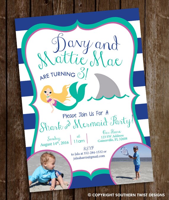 Custom Photo Birthday Invitation Mermaid Or Shark Under The Etsy