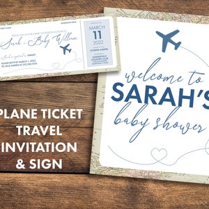 Invitación a la ducha del billete de avión de destino y cartel de bienvenida, invitación personalizada al bebé o despedida de soltera con tema de viaje, invitación a la tarjeta de embarque con cartel
