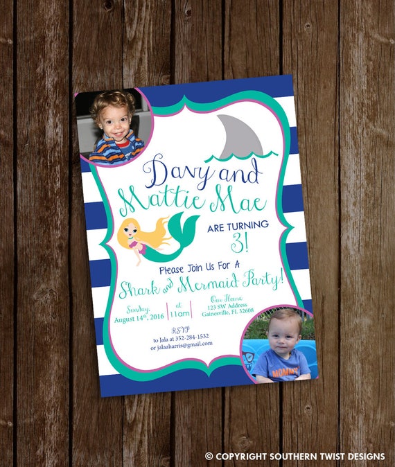 Custom Photo Birthday Invitation Mermaid Or Shark Under The Etsy