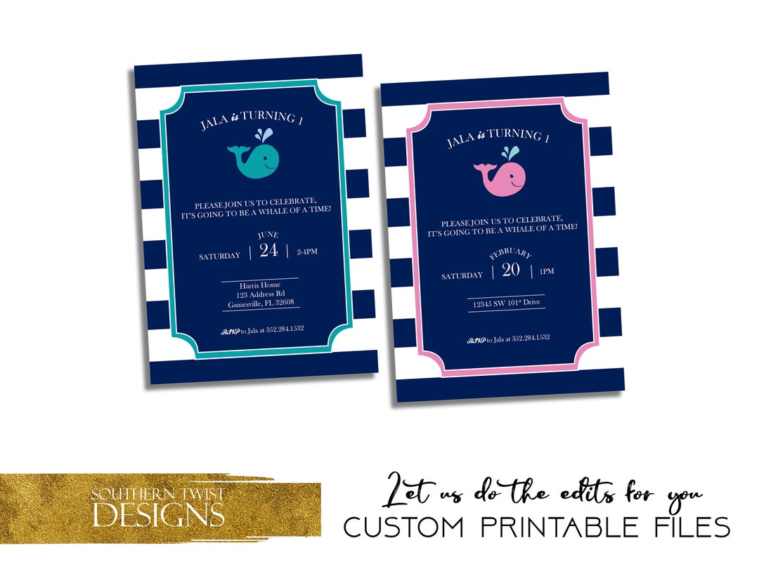 Custom Whale Birthday Invitation Girl's Whale Invitation Nautical Girl