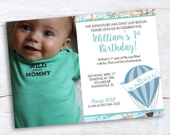 Custom Hot Air Balloon Birthday Invitation with Photo - Places He'll Go Invitation - Travel Birthday Invitation - Printable or Digital